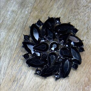 Art Deco, Dark Style, Black Floral Round Style Gun Metal Brooch